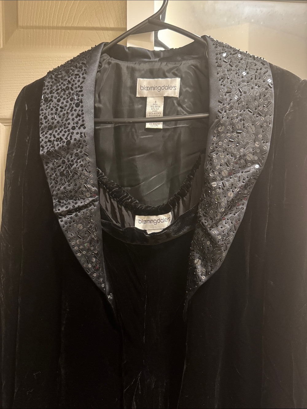 Bloomingdale's Black Velvet Beaded Satin Shawl Collar Jacket